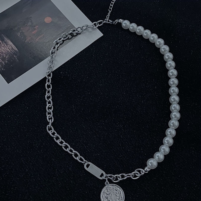 Dây chuyền phối hạt ngọc tròn phong cách hip hop cá tính bằng thép titan