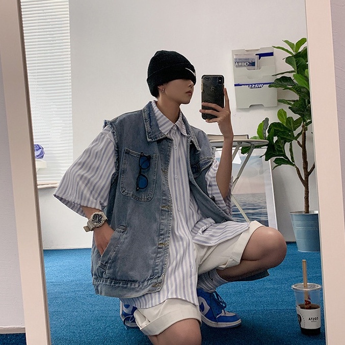 Áo jean gile nam form rộng, áo ghi lê nam kiểu vest jean dáng rộng phong cách hiphop 8002