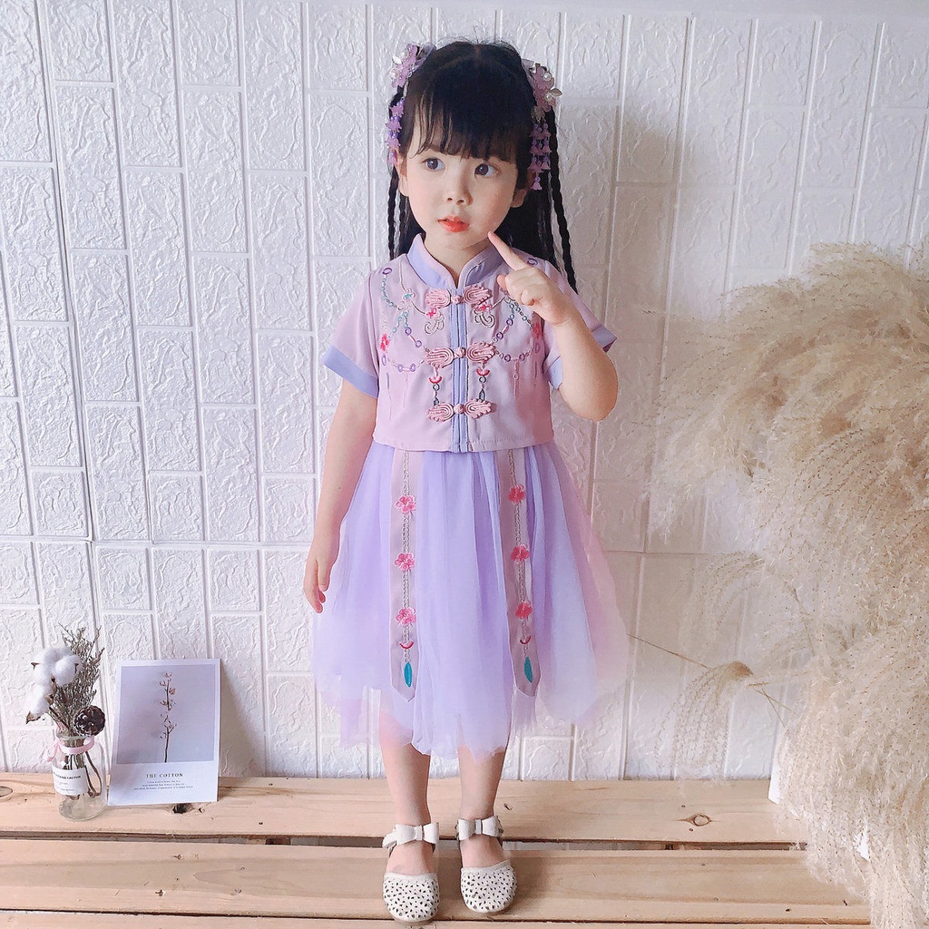 Đầm Hán Phục Tay Ngắn Phối Lưới Thêu Họa Tiết Phong Cách Trung Hoa Mới 2022 Cho Bé Gái