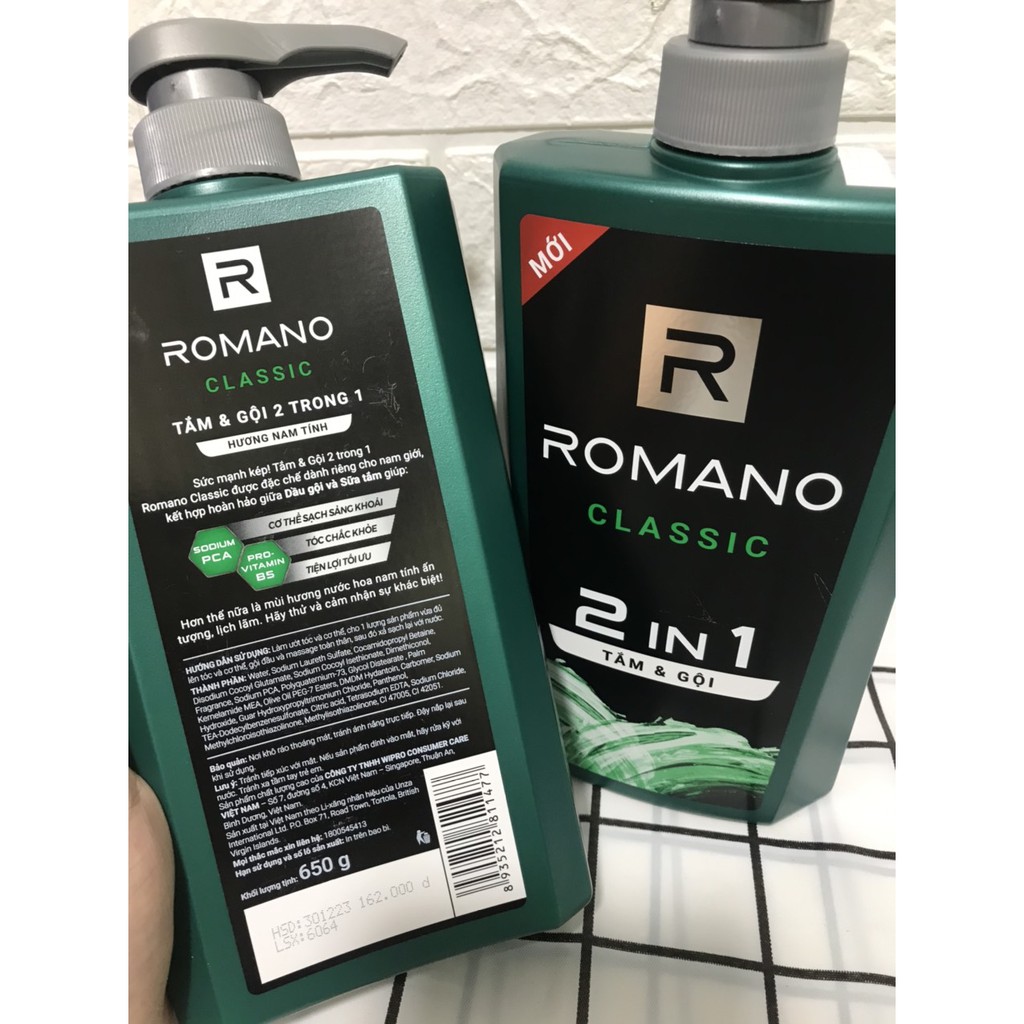 Dầu tắm gội 2 in 1 dành cho nam Romano 650g