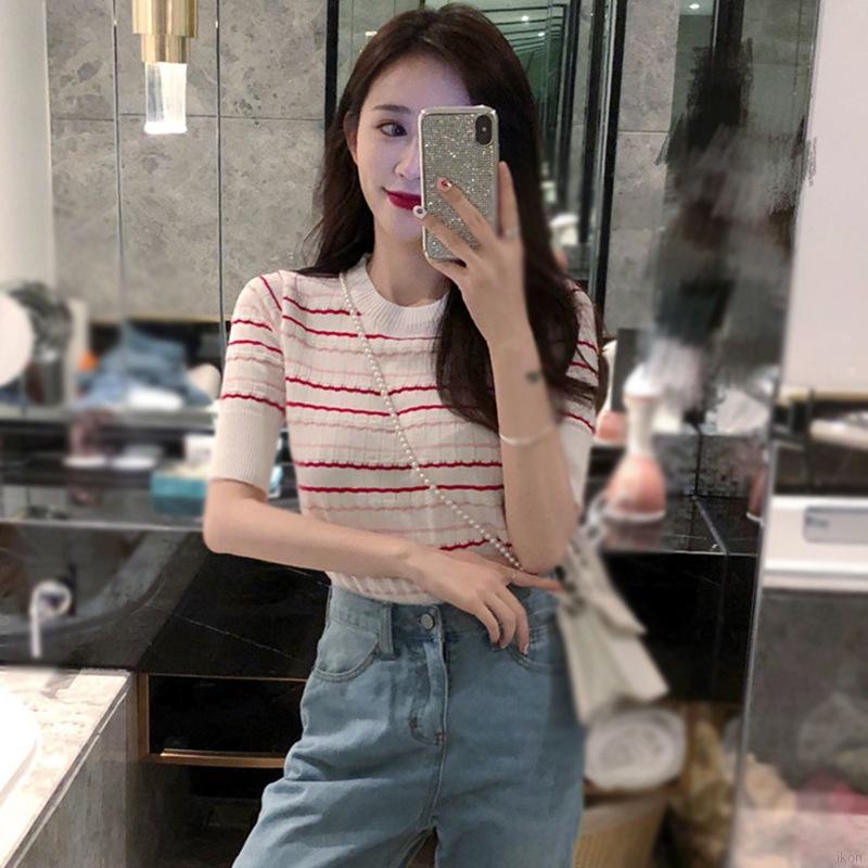 Áo Dệt Kim Ngắn Tay Họa Tiết Kẻ Sọc Thời Trang Cho Nữ