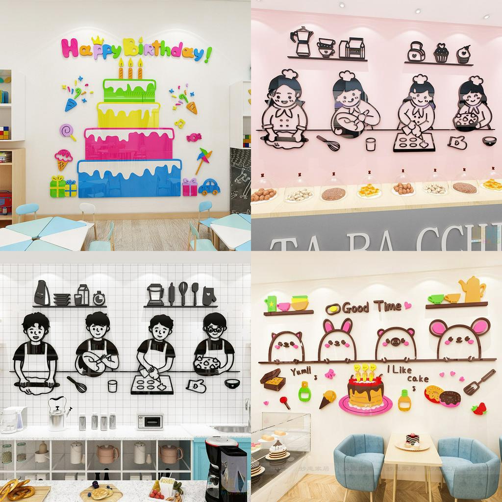 Tranh mica 3d dán tường các mẫu tranh làm bánh kem sinh nhật, trang trí quán bánh, phòng cho bé