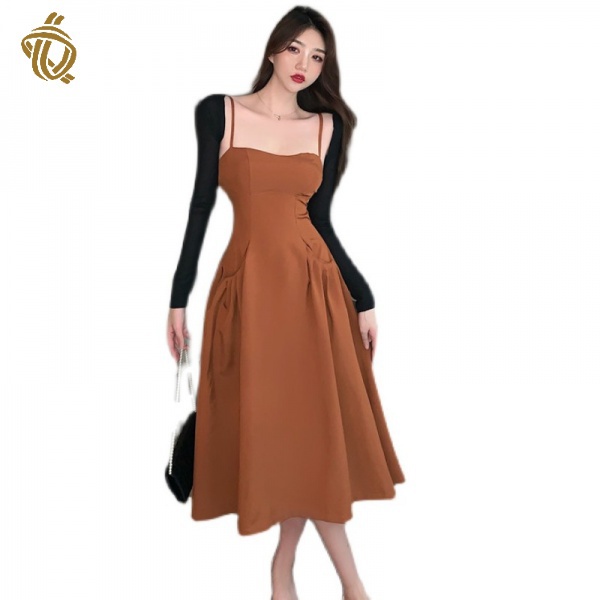 French style sexy collarbone sling dress women's graceful waist-tight figure-showing Midi A- Line dress