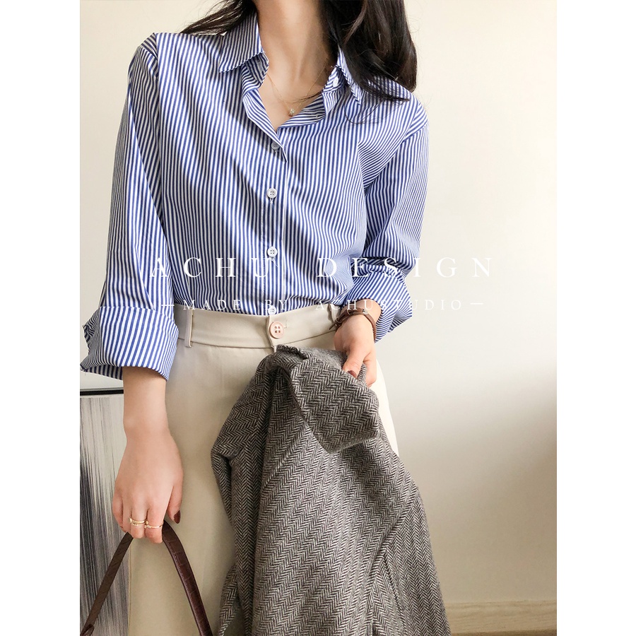 Áo sơ mi dài tay kẻ sọc dọc màu xanh trắng cho nữ