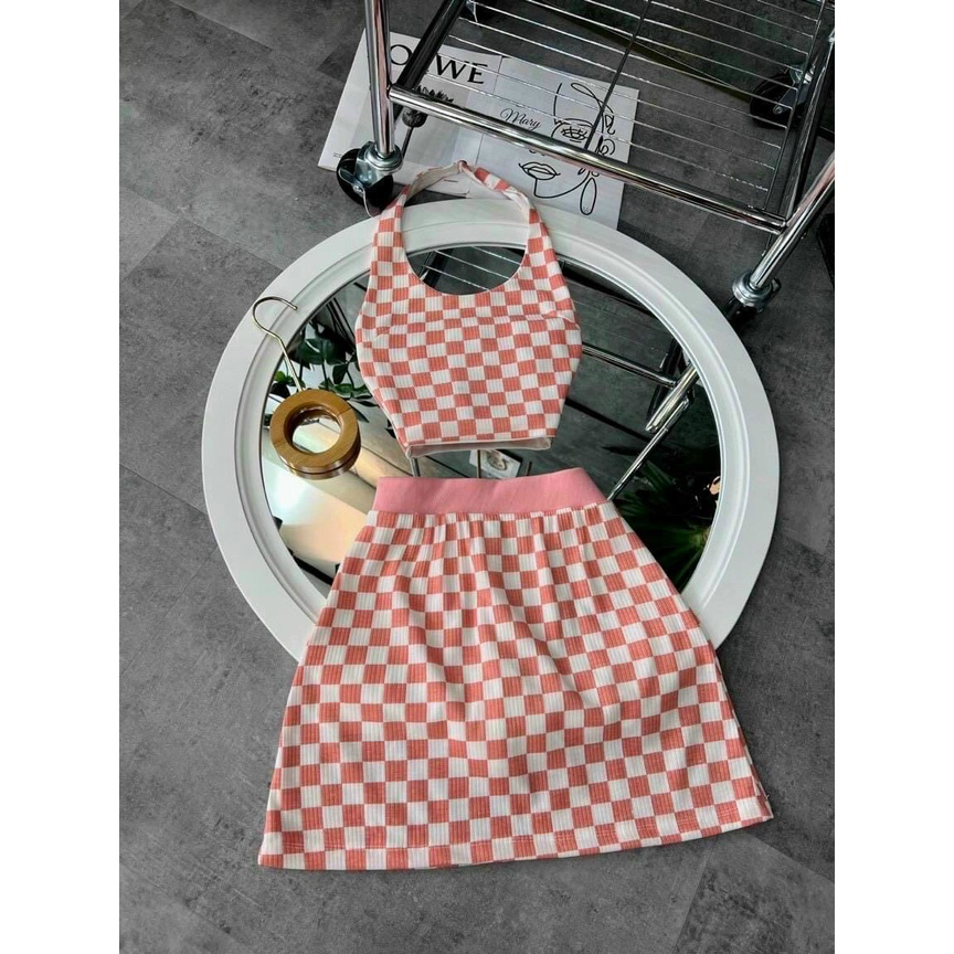 Sét bộ caro áo yếm đẹo cổ croptop phối chân váy chữ A ôm cực xinh , chất thun gân dày dặn mk