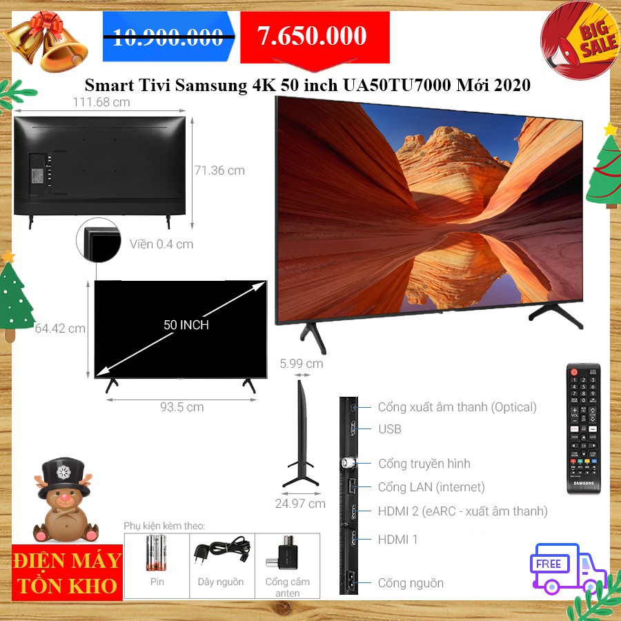 Smart Tivi Samsung 4K 50 inch UA50TU7000 Mới 2020
