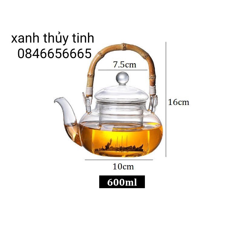 Ấm thuỷ tinh lõi lọc quai tre 600ml