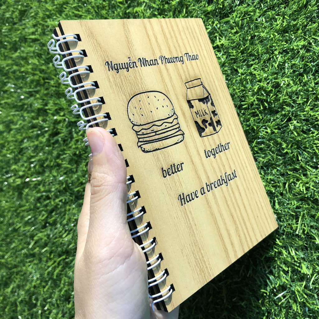 Sổ bìa gỗ khắc hình dễ thương - Sổ tay handmade bìa gỗ cứng - Thiết kế và khắc tên theo yêu cầu