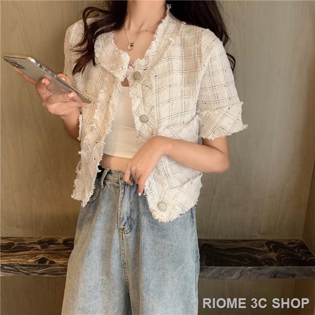 【Nước hoa miễn phí】Áo Khoác Vải Tweed Tay Ngắn Kẻ Ca-Rô Trẻ Trung Hợp Thời Trang | BigBuy360 - bigbuy360.vn