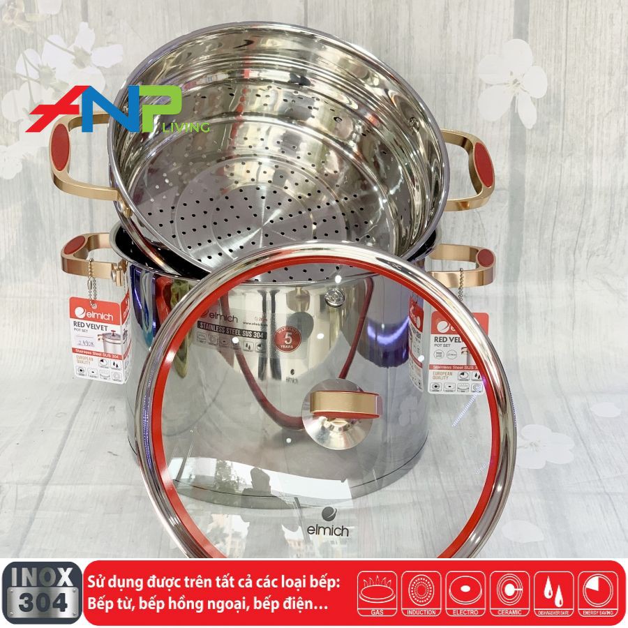 Nồi Inox cao cấp 5 lớp đáy Elmich Red Velvet - Hàng Nhập Khẩu Chính Hãng