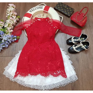 Áo dài cách tân ren chân váy ren nhiều tầng 3 mầu Đỏ, vàng và Trắng_KamiKID