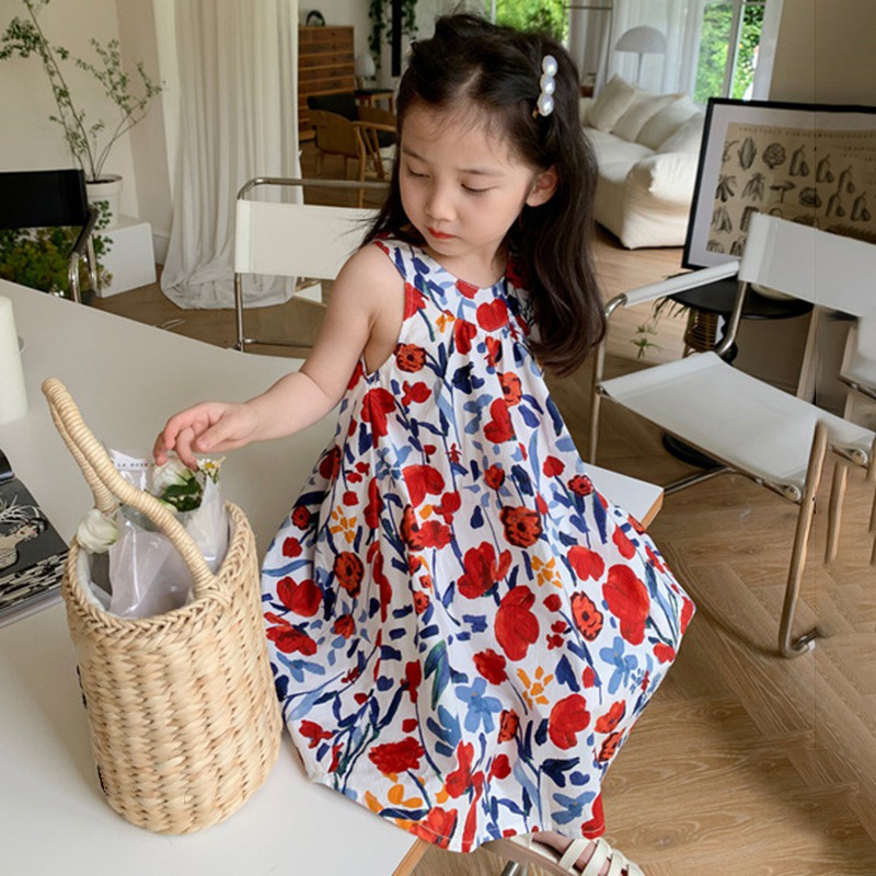 Se7en Đầm Công Chúa Mùa Hè Hai Dây Eo Phồng In Họa Tiết Hoa Phong Cách Hàn Quốc Cho Bé Gái