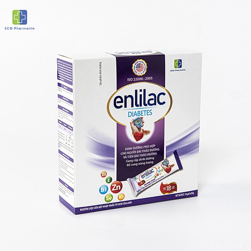 Sữa tiểu đường Enlilac Diabetes - Hộp 16 gói x 25 gram - Tặng cẩm nang cho người tiểu đường, ổn định đường huyết