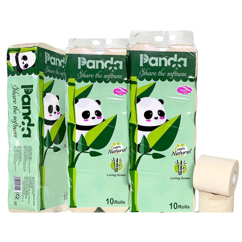 Giấy gấu trúc tre Panda dạng rút màu xanh, bịch 10 cuộn giấy lõi và cuộn giấy không lõi