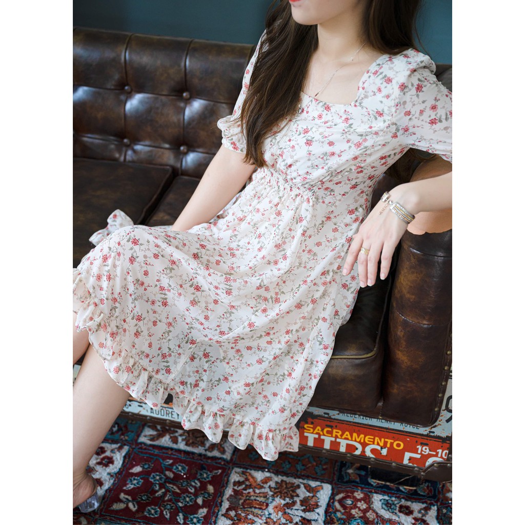 Váy Hoa, Đầm hoa nhí Vintage cổ vuông