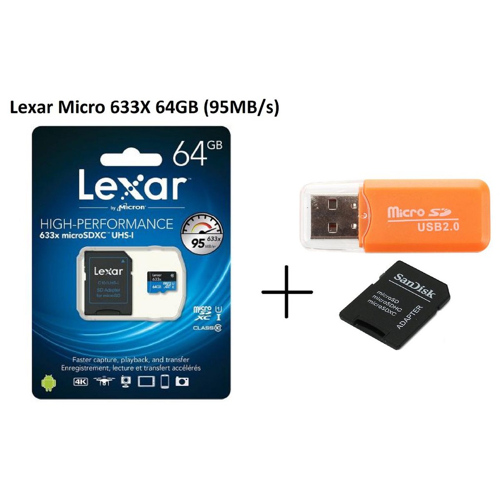 Thẻ nhớ Lexar Micro SDXC 633X 64GB (95MB/s) + Adapter + Đầu đọc thẻ Micro