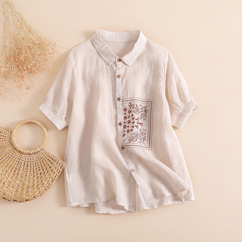 Áo cotton lanh tay ngắn thêu họa tiết phong cách retro