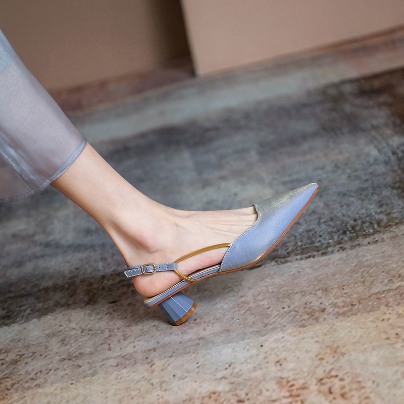 Xăng đan Gót Thấp Mũi Nhọn Bằng Satin Thời Trang Xuân Hè Dành Cho Nữ 35-39 2 Kiểu