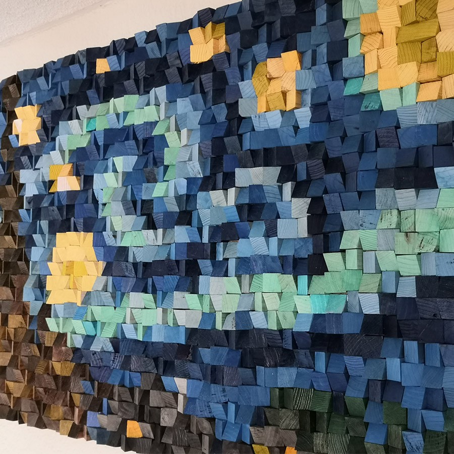 Tranh gỗ trang trí 3D tranh Đêm đầy sao V.A.N.G.O.G.H (Wood mosaic) - KÍCH THƯỚC 60x1m2