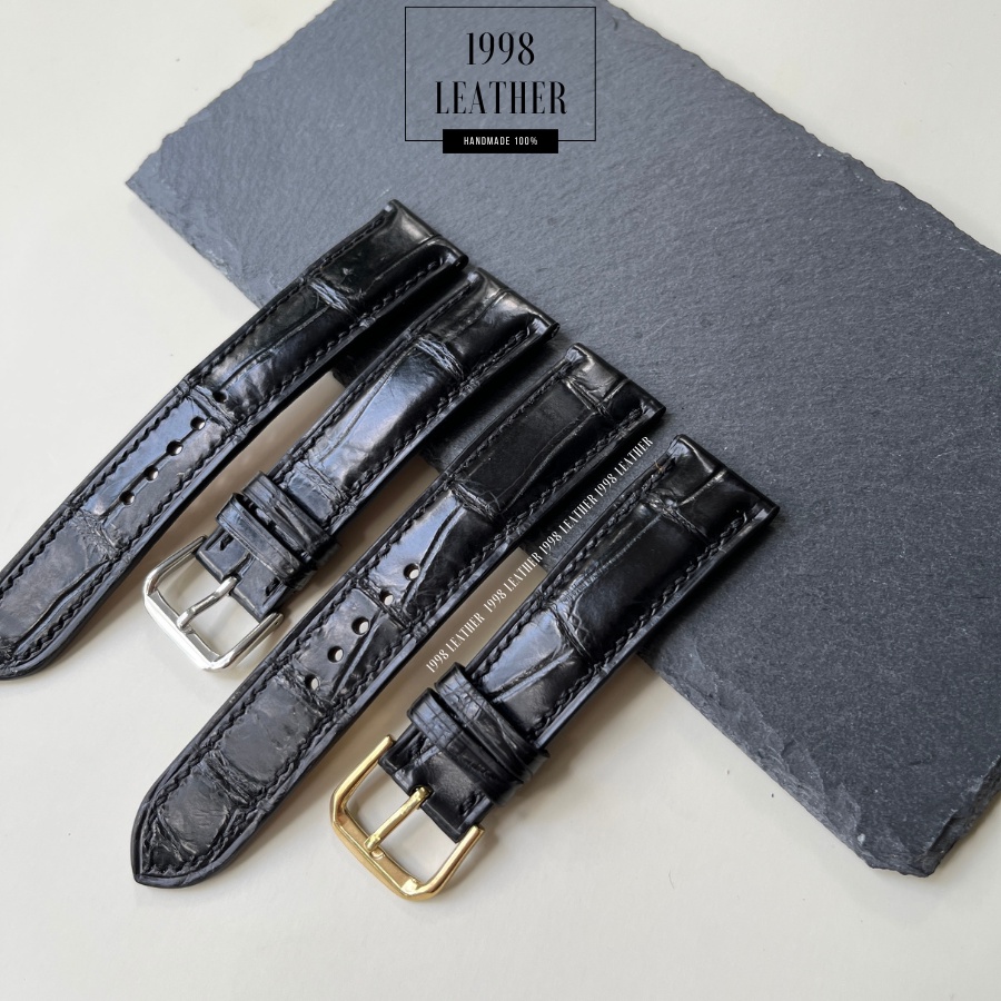 Dây Đồng Hồ Da Cá Sấu Thật Size 22mm, 20mm, Handmade Cao Cấp, Màu Đen, Chống Nước, Chính Hãng, Bảo Hành 6 Tháng