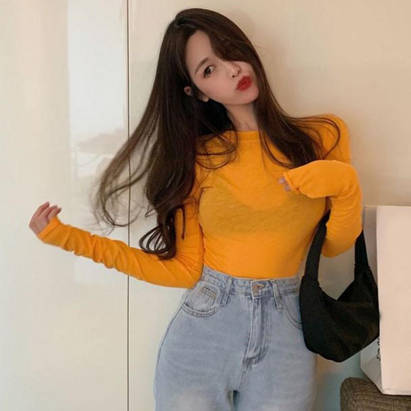 Áo Thun Tay Dài Cổ Tròn Màu Trơn Đơn Giản Phong Cách Hàn Quốc