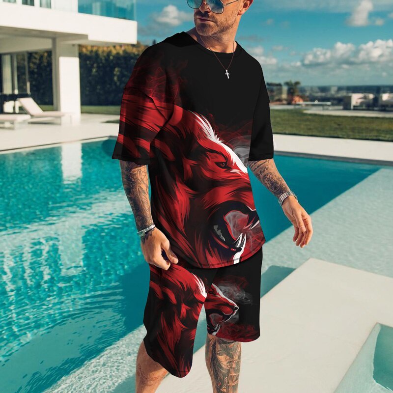 Set Áo Thun Kẻ Sọc In Hình Sư Tử 3D Và Quần Short Size Lớn Phong Cách Punk Mới Lạ Vui Nhộn