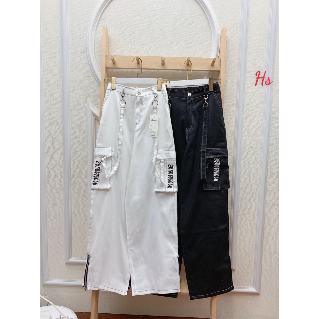 Quần jogger unisex  túi hộp phối khóa kèm dây đai 2 màu trắng, đen AOSY STORE mã 1169