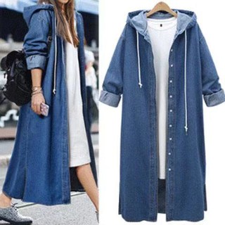Áo khoác denim dáng dài có nón thời trang cho nữ