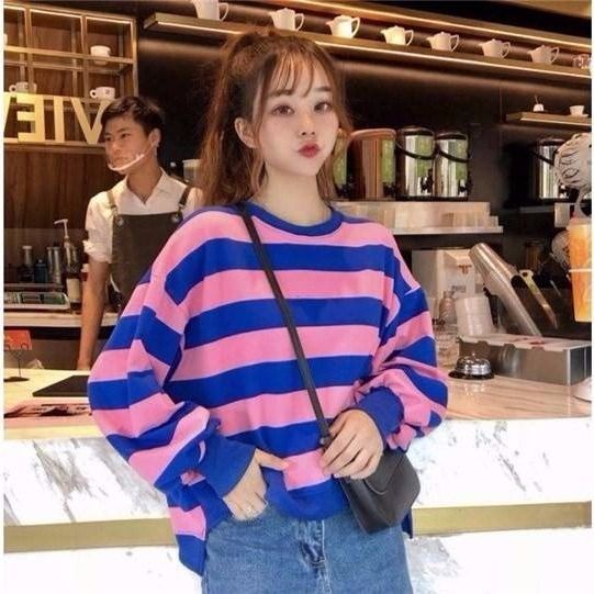 Áo Sweater Mỏng Dáng Rộng Tay Dài Kẻ Sọc Kiểu Harajuku Hàn Quốc Thời Trang Cho Nữ 200