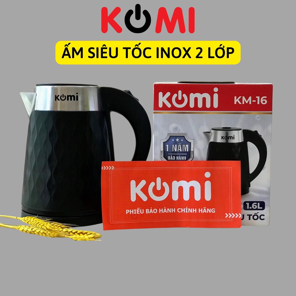 Ấm siêu tốc, bình đun siêu tốc cao cấp inox 2 lớp1.6L-1.8L KOMI KM-16, đổi trả trong 15 ngày bảo hành toàn quốc 12 tháng