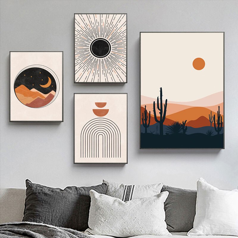 Tranh vải canvas treo tường in hình mặt trăng và mặt trời tương phản phong cách hiện đại trang trí phòng khách đa năng