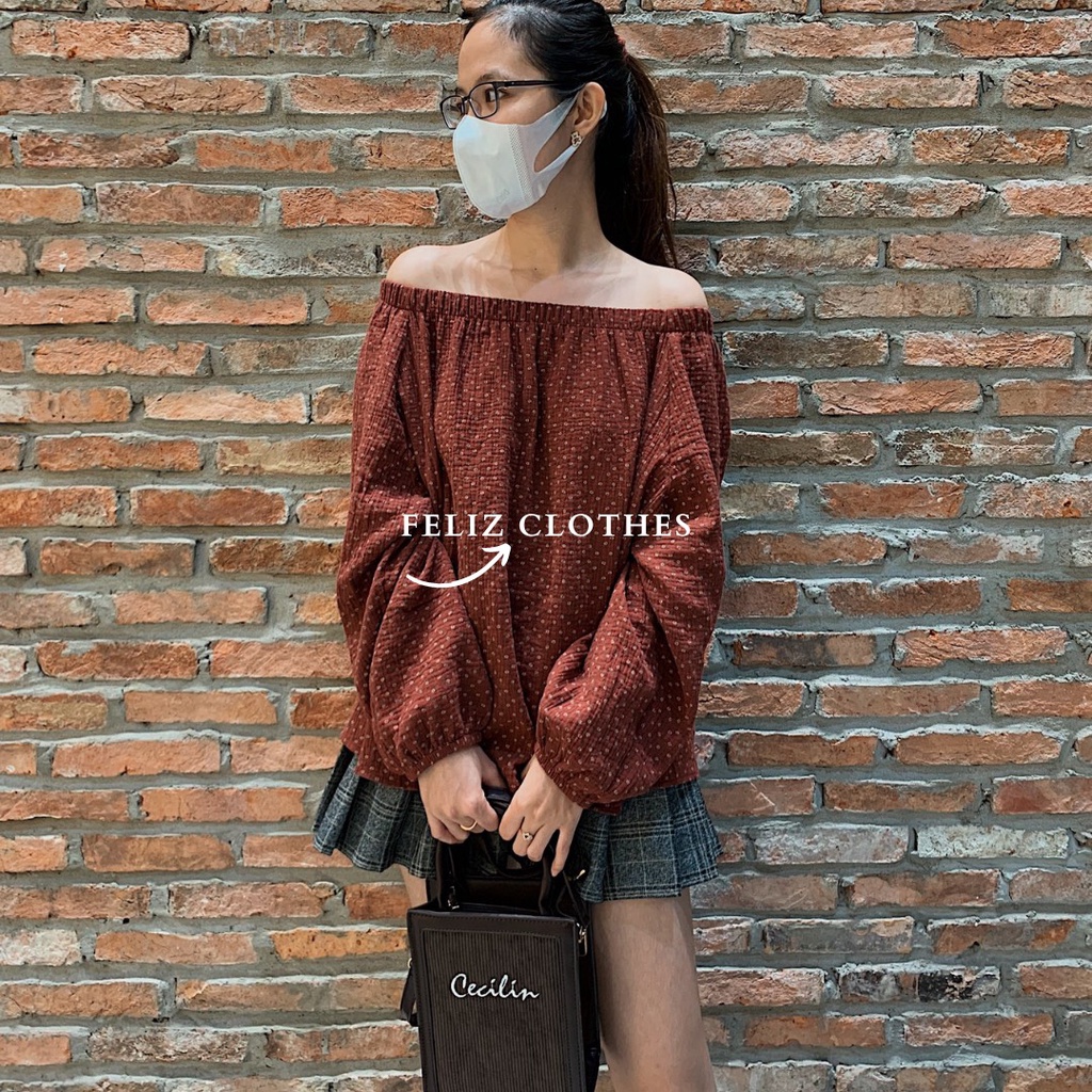 Áo babydoll dài tay hoạ tiết hoa nhí màu đỏ mận cực đáng yêu