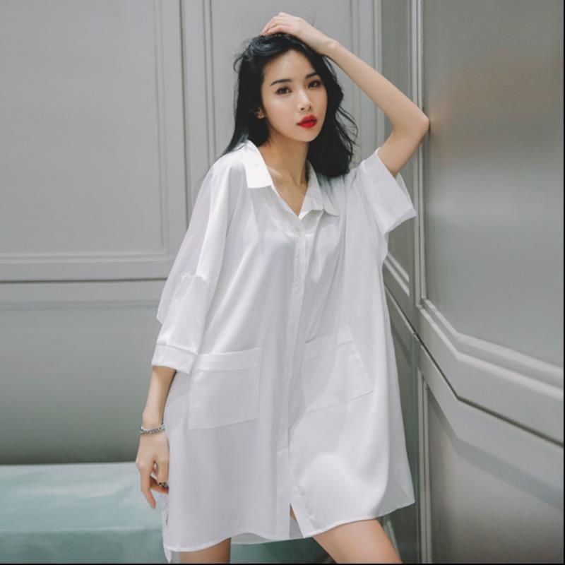 Váy ngủ nữ voan sexy kiểu bạn trai đồ cộng với size áo sơ mi trắng ice silk dịch vụ tại nhàU