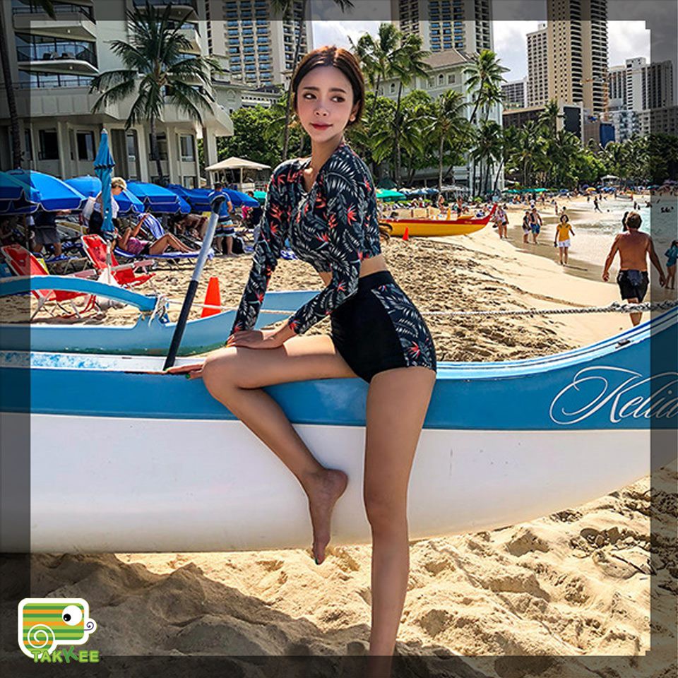 BỘ BƠI ĐỒ ĐI BIỂN BIKINI HAI MẢNH DÀI TAY QUẦN CẠP CAO PHỐI HỌA TIẾT HOA SANG CHẢNH