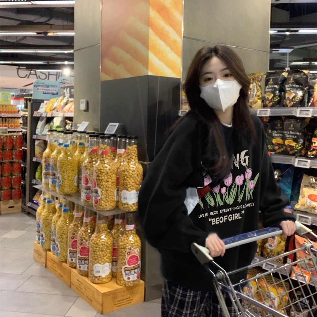 Áo sweater SELVZE tay dài cổ tròn in họa tiết phong cách cổ điển Mỹ thời trang dành cho nữ