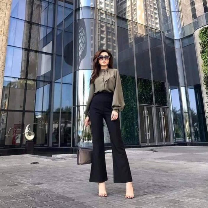 Quần ống Loe nữ lưng cao giúp ôm eo siêu tôn dáng , Quần loe Ống Rộng Nữ cạp cao  - QOS101