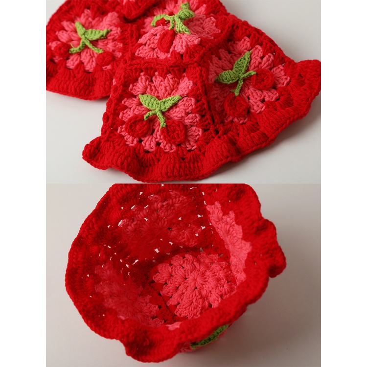 Mũ Bucket Len Dệt Kim Thủ Công In Hình Cherry Phong Cách Nhật Bản Dễ Thương