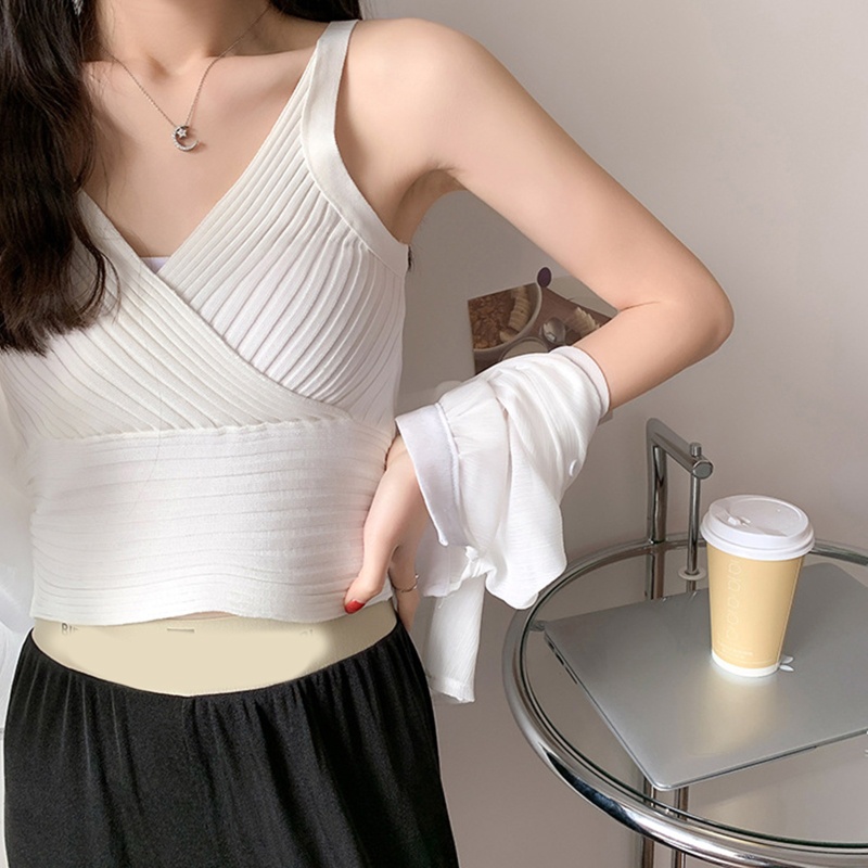 Áo Croptop Dệt Kim Không Tay Cổ Chữ V Màu Trơn Họa Tiết Kẻ Sọc Quyến Rũ Cho Nữ