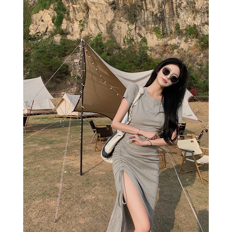 (ORDER) Váy thun cộc tay dáng dài rút dây xẻ tà cao hở chân dài gợi cảm sang chảnh sexy