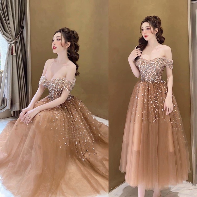 MS1246y ĐẦM CÔNG CHÚA BẸT VAI KẾT KIM SA TREO full size S/M/L/XL