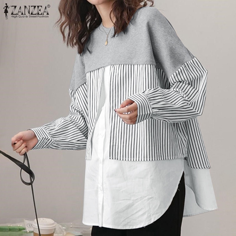 Áo cotton ZANZEA dài tay hoạ tiết sọc giả hai mảnh cổ điển cho nữ