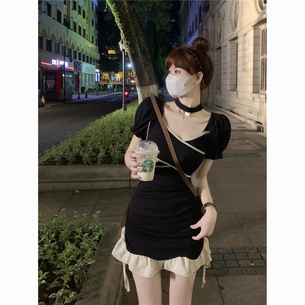 Đầm ngắn mỏng khoe eo cột dây màu phong cách hot girl kiểu Pháp mùa hè cho nữ hơi mũm mĩm