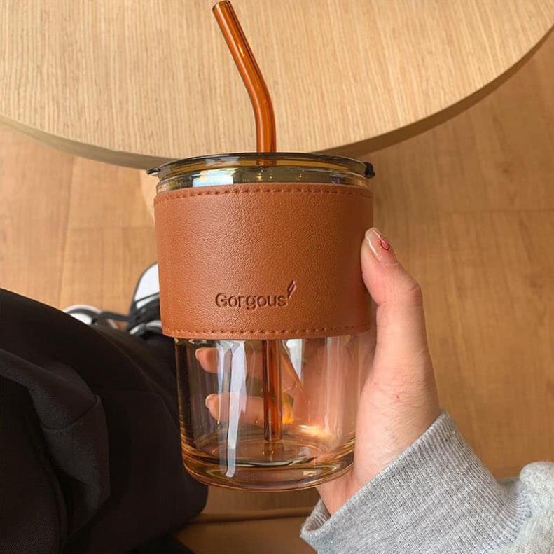 Cốc thủy tinh Gorgous có nắp, ống hút và bao da đi kèm - 450ml có 2 màu
