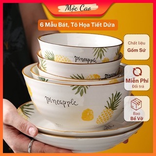 Tô sứ, bát sứ cao cấp họa tiết dứa viền nâu decor phụ kiện bàn ăn gia đình 2021