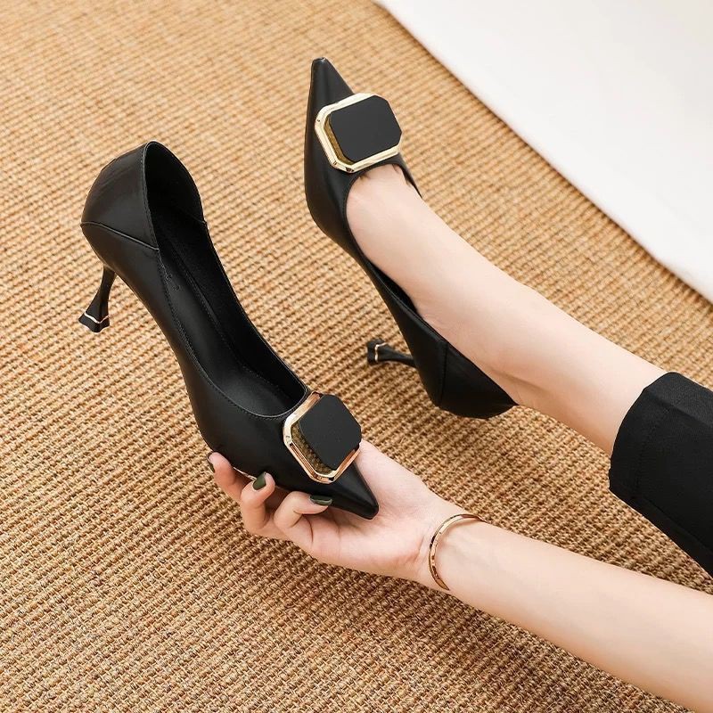 ❃✿❀European and American temperament rhinestone square buckle high heels female 2021 spring autumn new sexy French pointed stiletto dress shoes