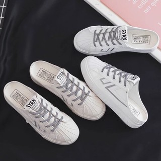 Giày sục nữ Canvas màu trắng Sục bata đạp gót đế bánh mì 3cm REMMY From rộng