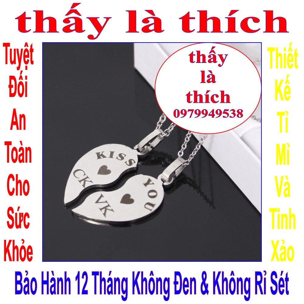 Dây chuyền cặp đôi 2 mảnh ghép trái tim khắc chữ CK/VK kết hợp chữ KISS YOU - Giá bán như trên là 1 cặp = 2 sợi như hình