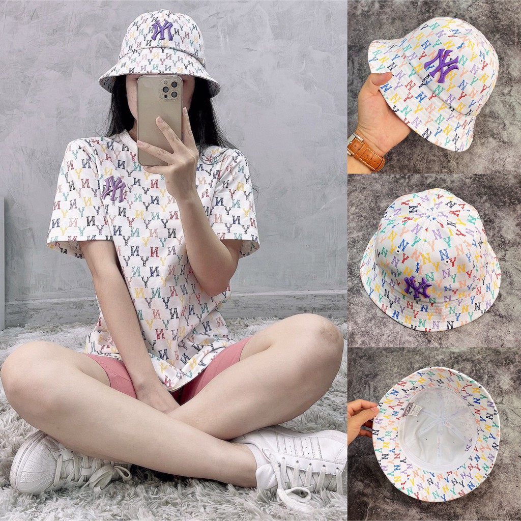 Mũ Bucket NY Vành Tròn M.L.B Monogram Rainbow White XUẤT DƯ FULL TEM TAG