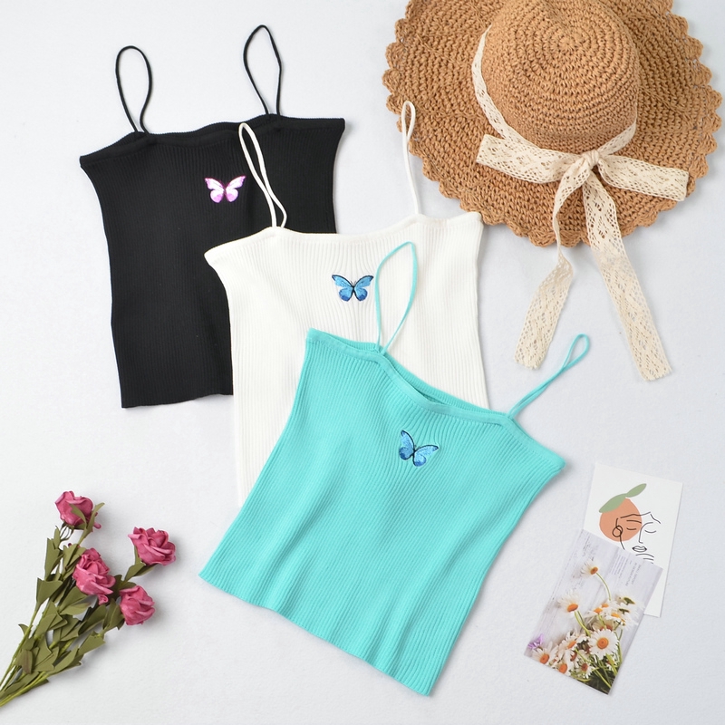 SUXI Áo hai dây dệt kim mùa hè họa tiết bướm thêu nhiều màu sắc tùy chọn