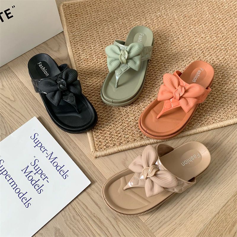 Dép Xỏ Ngón Quai Ngang Đế Dày Đính Nơ Họa Tiết Chấm Bi Dễ Thương Thời Trang Đi Biển Cho Nữ Giày Sandal Nữ TTH297